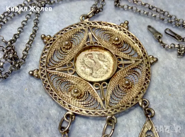 СТАР ФИЛИГРАНЕН СРЕБЪРЕН МЕДАЛЬОН СРЕБРО ВИСОКА ПРОБА с ГНЕЗДО за СКЪП КАМЪК иСРЕБЪРНА ВЕРИЖКА 44369, снимка 2 - Антикварни и старинни предмети - 49886084