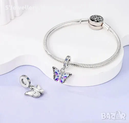 Сребърен талисман висулка 925 Pandora Sparkling Butterfly , снимка 2 - Гривни - 46857590