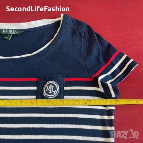 Дамска блуза на райета Lauren Ralph Lauren размер M памук синьо и бяло, снимка 3 - Тениски - 53673806