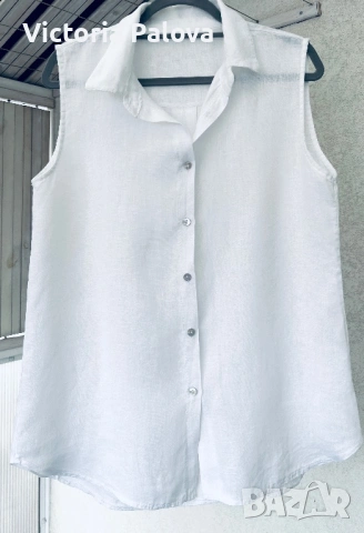 Стилна италианска ленена риза без ръкави в класическо бяло