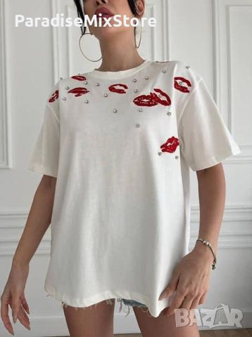 Дамска oversize тениска в бяло и черно целувки , снимка 3 - Тениски - 46699147