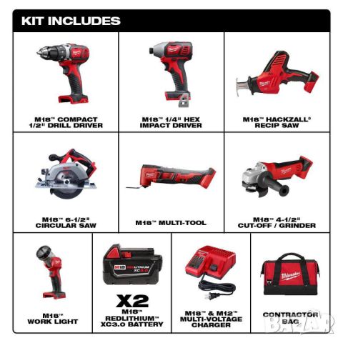 Milwaukee M18 18V Безжичен комбиниран комплект с 7 инструмента от САЩ, снимка 2 - Куфари с инструменти - 46716516