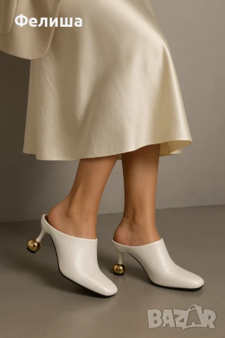 Дизайнерски Мюли Обувки в Цвят Нежна Ванилия със Златен Ток Топче, снимка 2 - Дамски ежедневни обувки - 51005827