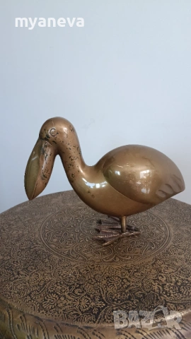 Vintage, месингова статуетка от Корея на пеликан , снимка 2 - Статуетки - 54240279