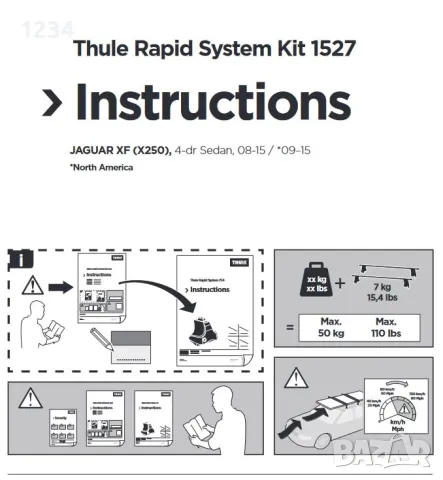 комплект Thule kit 1527 за рейлинг багажник греди за JAGUAR XF (X250), 4-dr Sedan, 08-15 , снимка 4 - Аксесоари и консумативи - 47405784