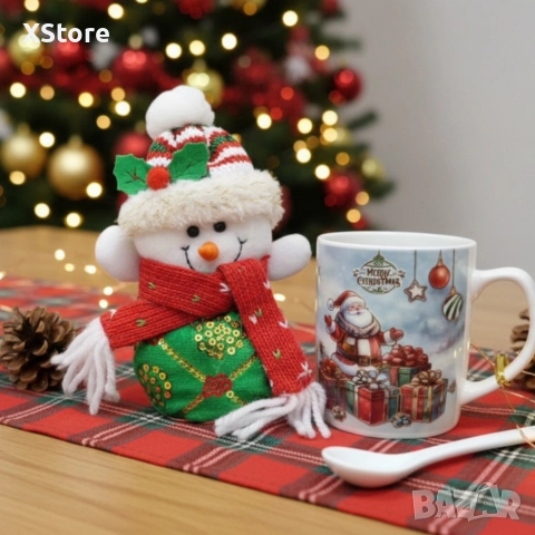 Празничен подаръчен комплект с чаша, лъжичка и снежен човек – готов за подаряване