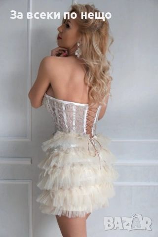 Дамска Къса Коктейлна Рокля С Ефирни Пластове И Изящна Бродерия Код Roni44, снимка 2 - Рокли - 54015941