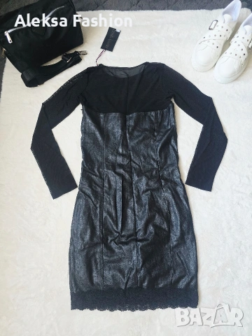 Дамска кожена рокля с ръкави от тюл, снимка 6 - Рокли - 47560475