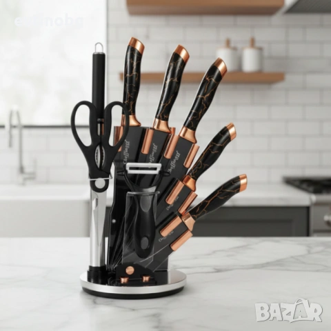 Комплект уреди за рязане Cheffinger – 9 части с мраморно покритие, стойка, точило и белачка