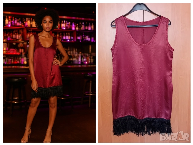 Сатенена рокля бордо с ресни, снимка 1