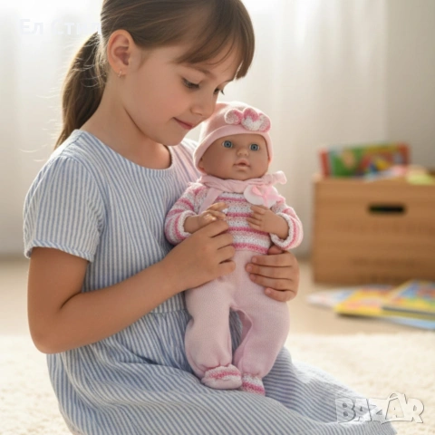 Кукла бебе с пълен комплект – Шише, пижама, легълце и аксесоари - 42 см - НА БЪЛГАРСКИ