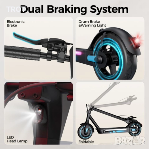 V10 Pro Електрическа Тротинетка - 36V 15Ah с 250W Безчетков мотор, развиваща до 25 км/ч и до 150 кг, снимка 5 - Други спортове - 52157730