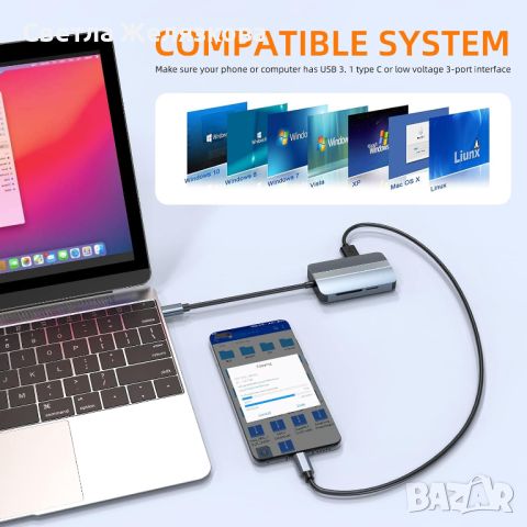 USB C, многопортов USB HUB адаптер, LAN RJ45 Ethernet, SD/TF четец, снимка 6 - Кабели и адаптери - 46532438