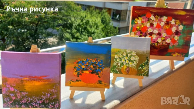 Малки рисувани картини с природа и море със статив , снимка 10 - Декорация за дома - 44423656