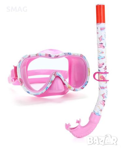 Детски Комплект Морска маска & Шнорхел за плуване розов бял дизайн еднорози 6-12 години, снимка 1 - Водни спортове - 46279953