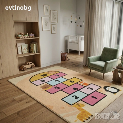 Детски килим "Високият Жираф" 120х160см – Пясъчен с Розова Дама за игра, Противоплъзгащ и Миещ се, снимка 6 - Други - 53881875