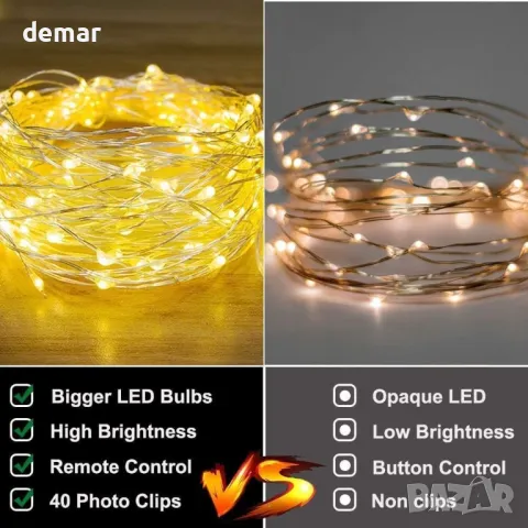 Феерични лампички, 2 броя по 12 метра/120 LED и 40 щипки, дистанционно, таймер, USB захранване, снимка 3 - Декорация за дома - 49906356