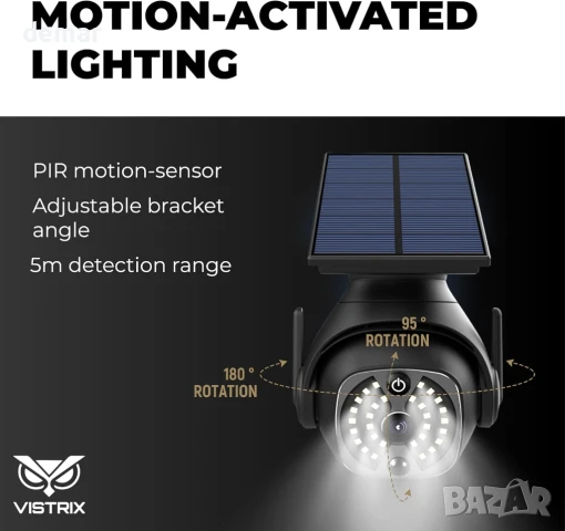 Vistrix соларна LED охранителна лампа и макетна CCTV камера с PIR сензор, IP65, черна, снимка 3 - Соларни лампи - 50771104