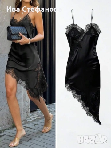 Wow нова  черна сатенена сатен елегантна официална парти коктейлна асиметрична рокля тип комбинезон, снимка 6 - Рокли - 43251646