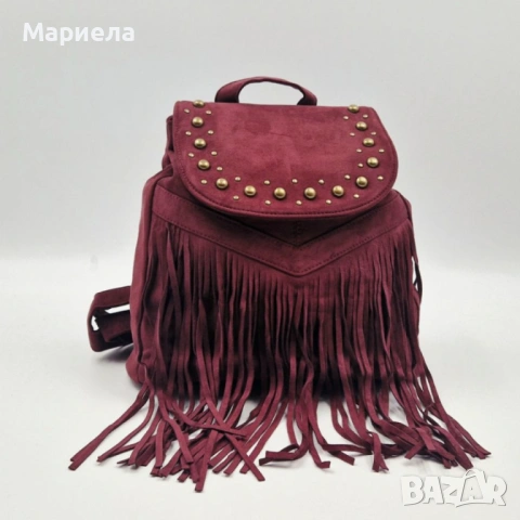 Велурена дамска раница с ресни и метални нитове – бохо стил и практичност, снимка 9 - Раници - 53342719