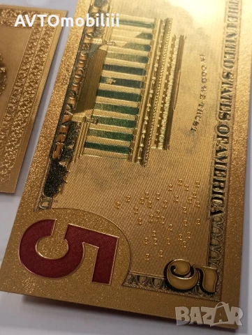 Позлатена с 24 карата злато релефна банкнота 5 долара със сертификат, снимка 11 - Нумизматика и бонистика - 51376047