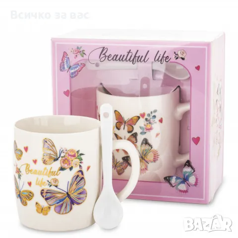 Комплект керамична чаша с лъжичка и чинийка, снимка 1