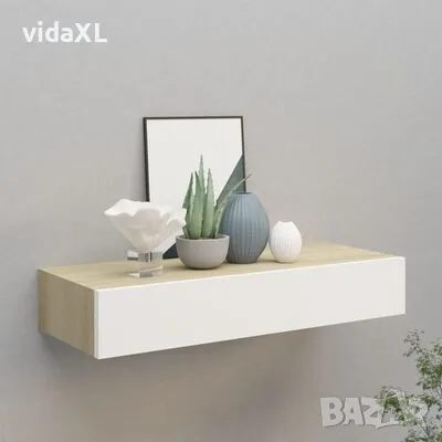 vidaXL Стенен рафт с чекмедже, дъб и бял, 60x23,5x10 см, МДФ（SKU:330263）, снимка 3 - Други - 48652578