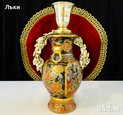 Порцеланов свещник Satsuma,злато,бронз,печат. , снимка 3 - Антикварни и старинни предмети - 52258434