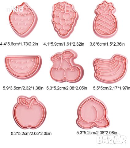 8 бр Плодове банан ягода слива ябълка диня форма резец пластмасови разглобяеми резци форми тесто, снимка 4 - Форми - 46793290