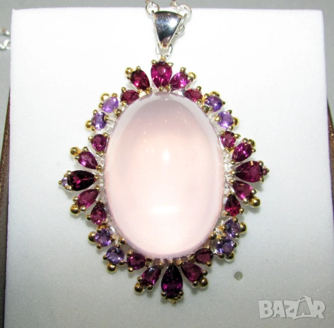 925 сребърно колие с огромен розов кварц 64 карата