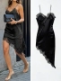 Wow нова  черна сатенена сатен елегантна официална парти коктейлна асиметрична рокля тип комбинезон, снимка 6