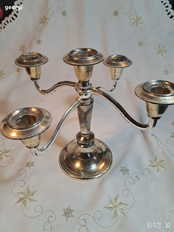 масивен метален посребрен свещник петица 32/4, снимка 1