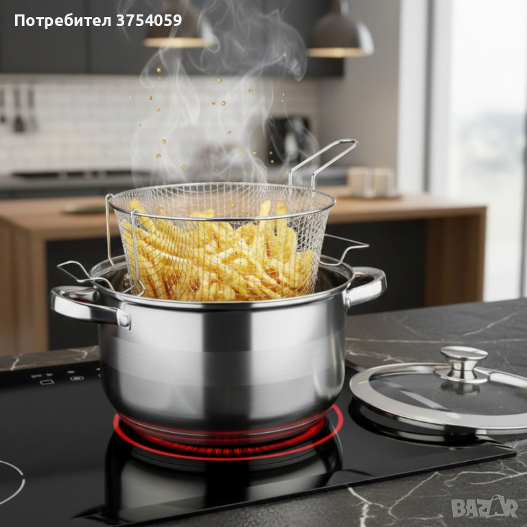 Тенджера с кошница за пържене и стъклен капак Cheffinger Ø24 см–инокс,6,5 л,за всички котлони, снимка 1