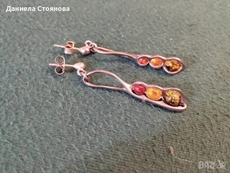 Сребърни обеци с три цвята кехлибар, снимка 1