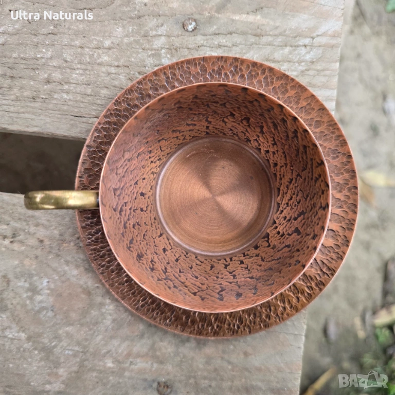 Медна чаша с чинийка употребявана, ръчно изработена, снимка 1