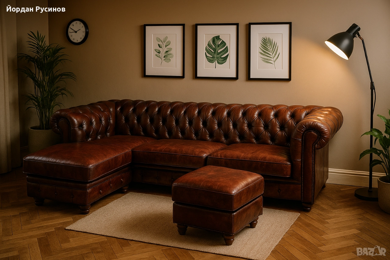 ъглов кожен диван честърфийлд chesterfield , снимка 1