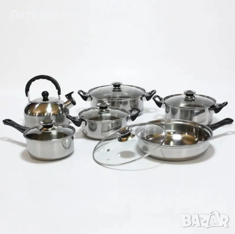Комплект от 12 части за всяка кухня. 3бр тенджери, тиган, касерола и чайник и капаци, снимка 4 - Съдове за готвене - 53596868