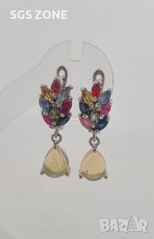 Сребърни обеци с многоцветен сапфир и опал от Тайланд, снимка 5 - Обеци - 53440823
