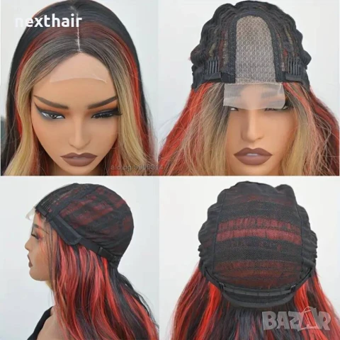 Вълнообразна перука с кичури микс от цветове русо червено черно на път, снимка 3 - Аксесоари за коса - 51232085