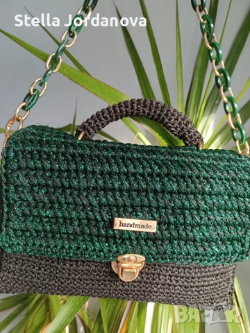 Елегантна ръчно изработена чанта – черно и зелено ламе ✨, снимка 2 - Чанти - 53389476