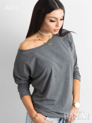Памучна дамска блуза - Тъмносива - XS, снимка 2 - Блузи с дълъг ръкав и пуловери - 44941247