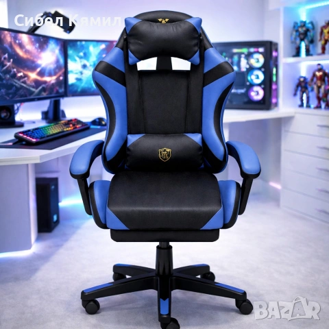 Ергономичен геймърски стол с масажна функция и поставка за крака – черно-син, снимка 2 - Столове - 53454899