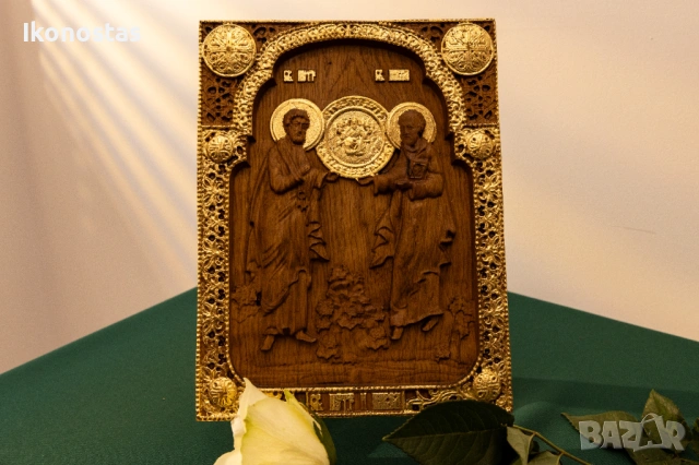 Релефна икона от дъб с позлата – Свети апостоли Петър и Павел, снимка 6 - Икони - 53224173