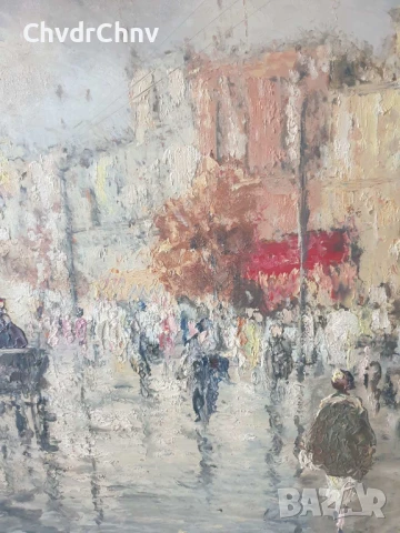 84х65см/голяма стара картина масло върху фазер/градски пейзаж-карета/дървена рамка, снимка 2 - Картини - 51177197