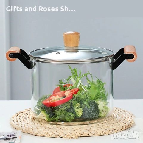 Термоустойчива стъклена тенджера Morello Crystal от боросиликатно стъкло с дървени дръжки