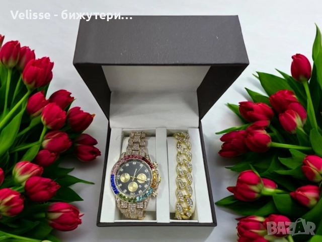 Луксозен комплект, гривна и часовник Сребрист/златист, снимка 3 - Бижутерийни комплекти - 52921648