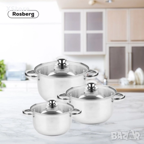 Комплект тенджери Rosberg R51210O6, включва - 20/22/24см., Неръждаема стомана, снимка 3 - Съдове за готвене - 52499245