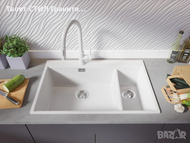 Бяла кухненска гранитна мивка Осло 80 Duo Top 780x500 мм, снимка 4 - Мивки - 52548521