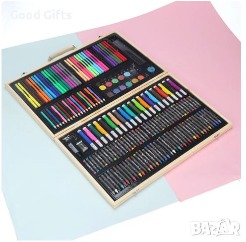 Дървен куфар за рисуване, 180 части, пастели, флумастри, водни боички, моливи, снимка 6 - Рисуване и оцветяване - 46291183