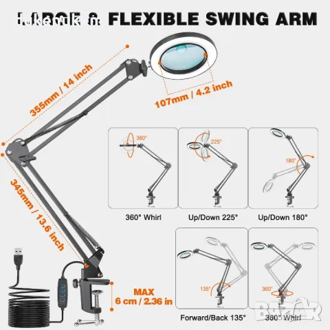 НОВА! Лупа с осветление и стойка, 10X/8X увеличение, LED лампа с щипка, снимка 5 - Лед осветление - 49303796